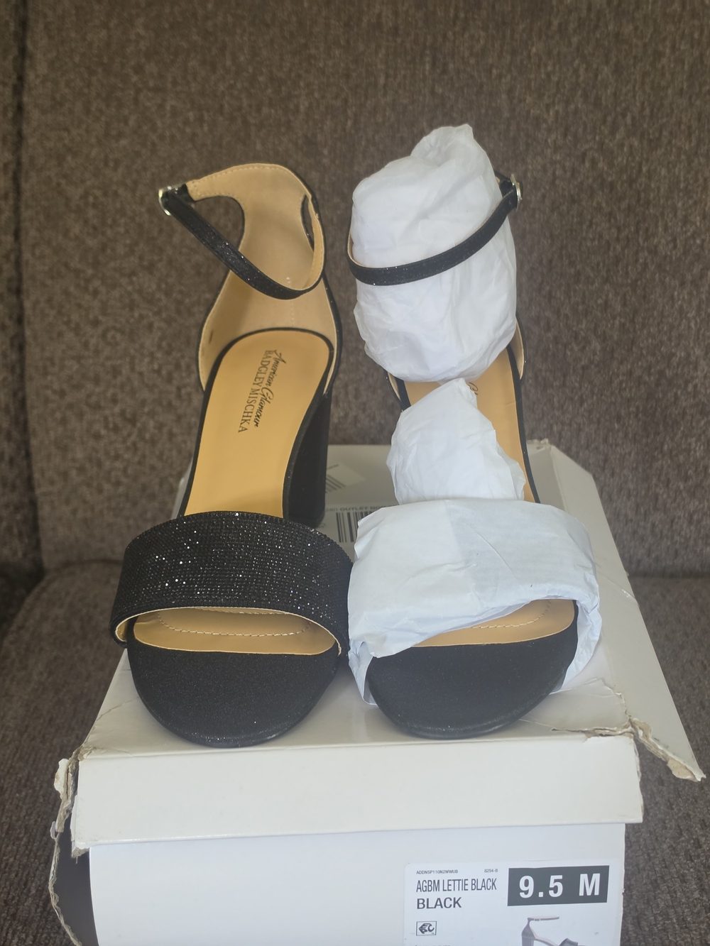 American Glamour Badgley Mischka Lettie Black Shimmer Ankle Strap Block Heels